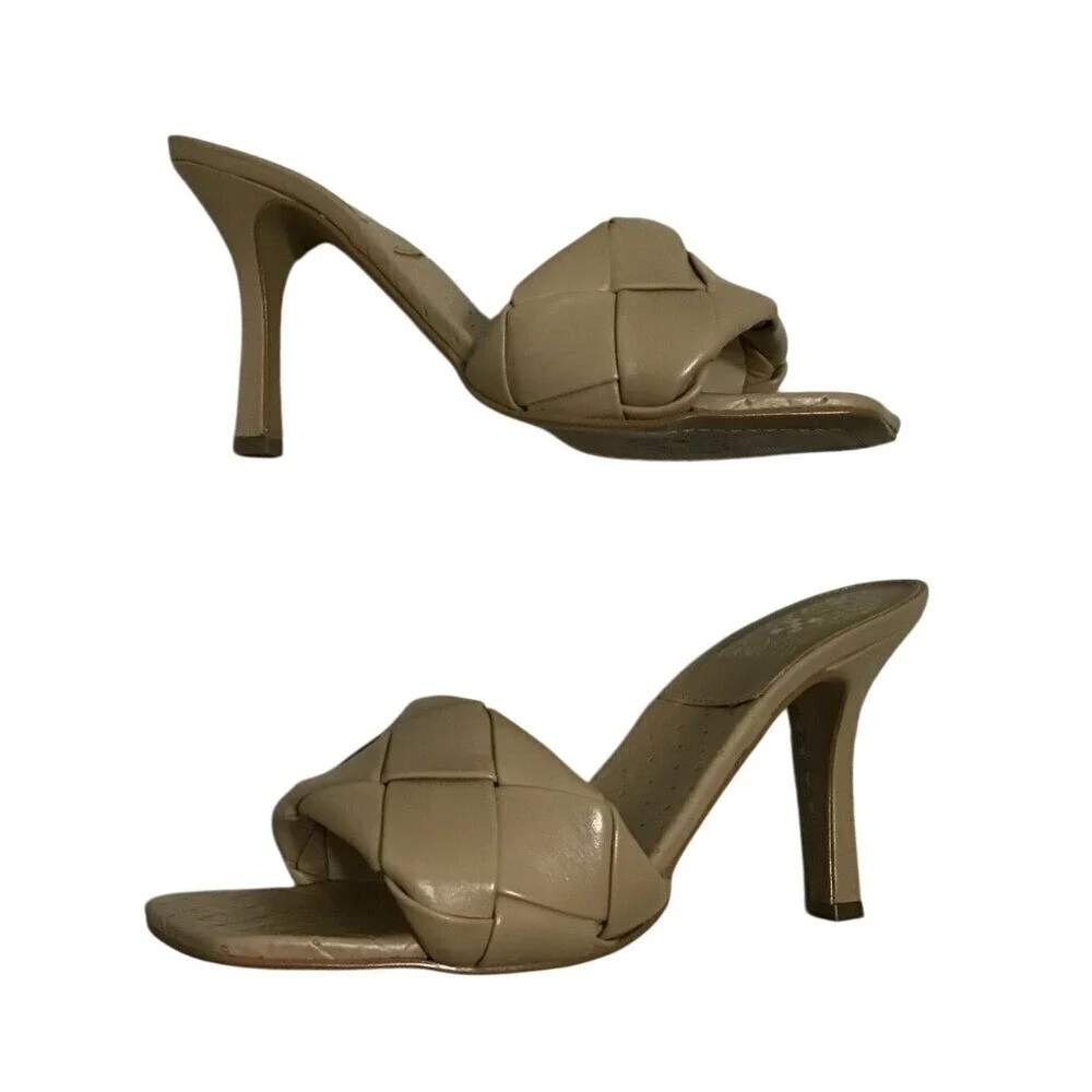 Vince Camuto Brelanie Tan Beige Woven Leather Square Toe Heeled Mule Sandals 8.5
